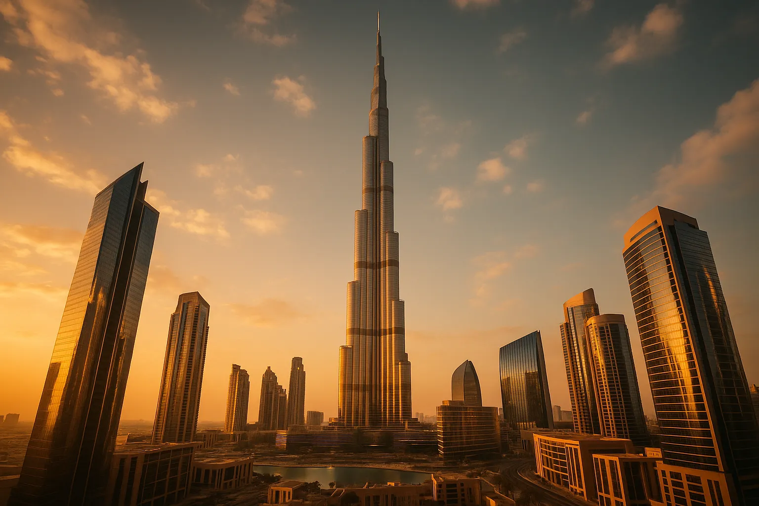 Dubai skyline through glass on a bright day