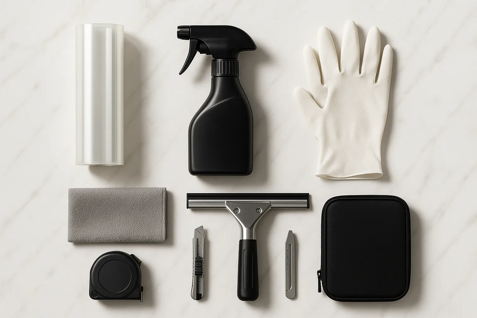 VitraGuard glass safety film professional installation tools — film roll, squeegee, spray bottle, microfibre cloth, precision cutter, and measuring tools