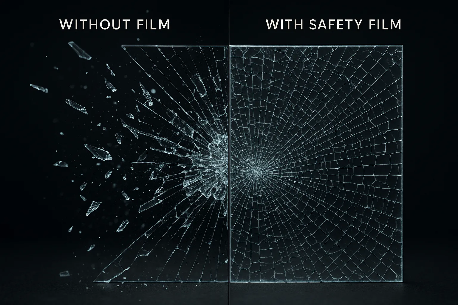Glass safety film comparison — shattered glass held together by VitraGuard 12-Mil film versus unprotected glass that scatters dangerous fragments