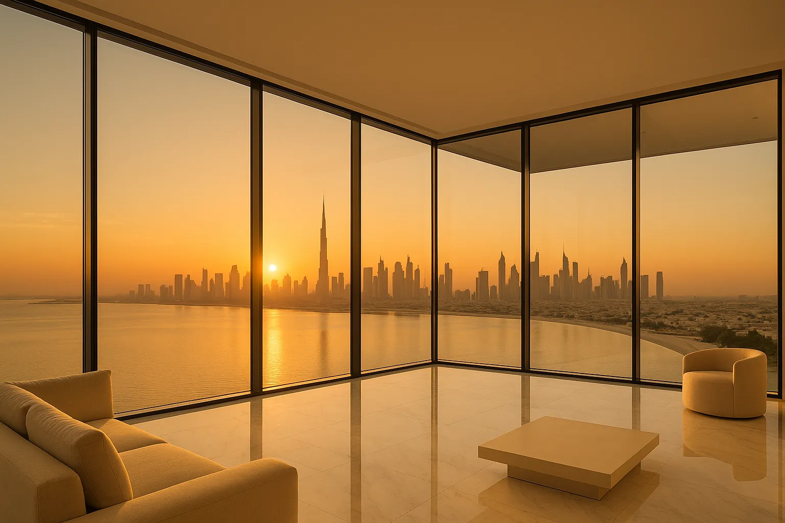Sunlit Dubai living room with sofa and low table behind floor-to-ceiling glass