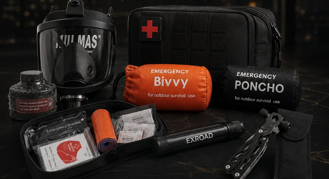 The complete VitraGuard Emergency Kit laid out: full-face mask with filter canister, zipped carry case, emergency bivvy, emergency poncho, emergency blanket and bandages, water filtration straw and a folding tool