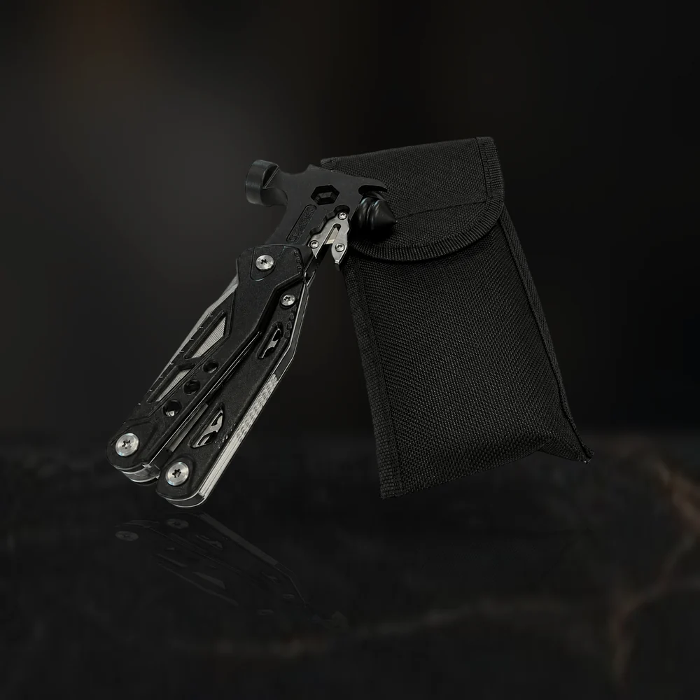 Folding multi-tool with its belt pouch, as supplied