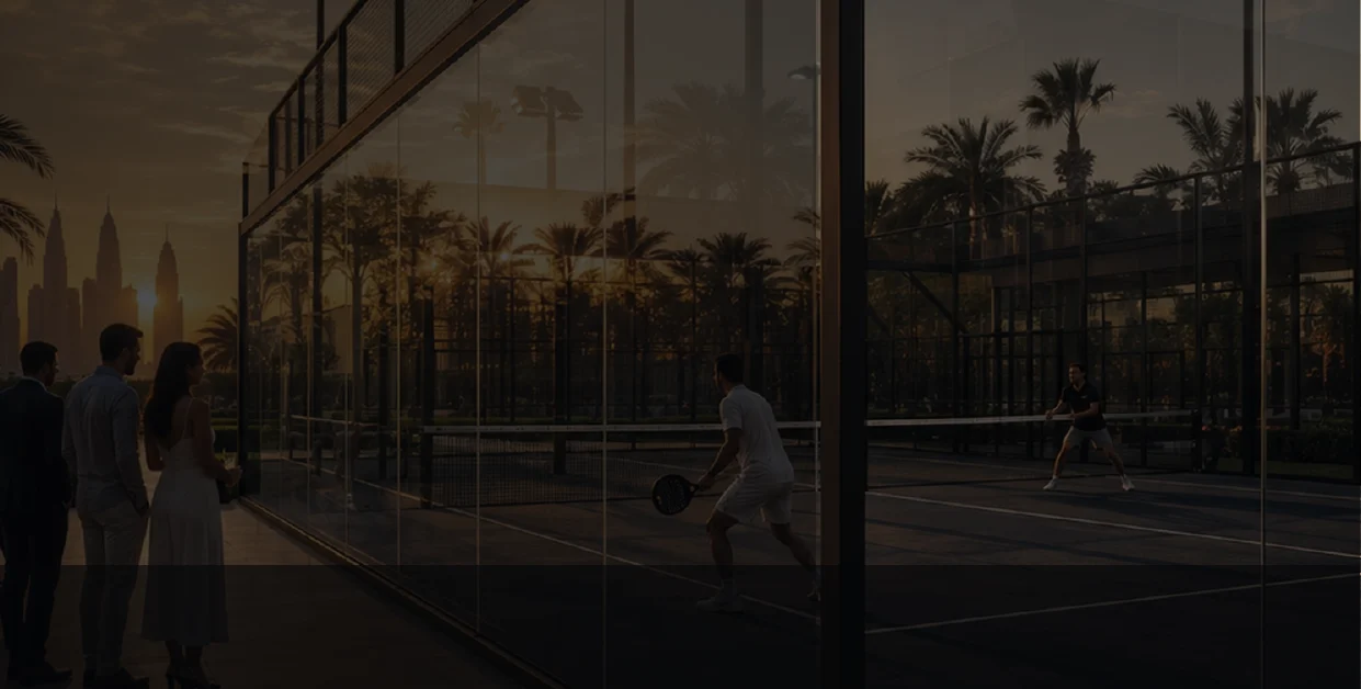 Padel court glass protection, exterior-face glass retention system Dubai